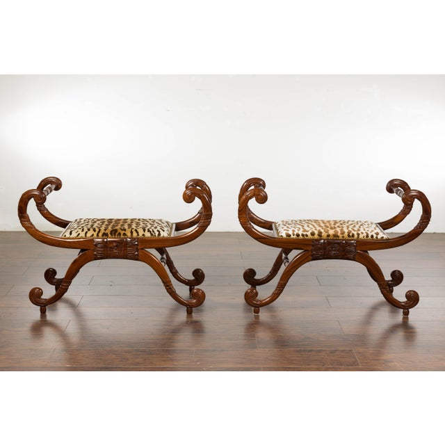 19th Century Pair of English Regency Carved Mahogany 19th Century Stools with Scrolling Arms For Sale - Image 5 of 12