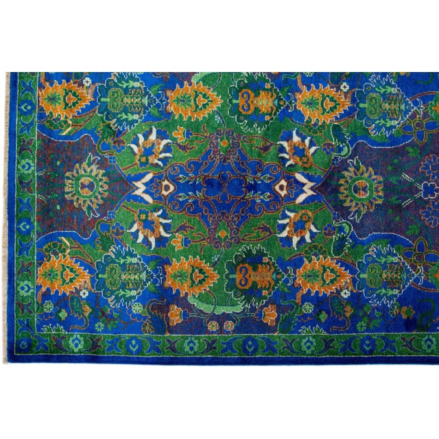 2010s Contemporary Transitional Handmade Wool Rug With Blue and Green Floral Pattern For Sale - Image 4 of 7