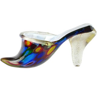 Murano Vintage Mosaic Color Spots Gold Leaf Italian Art Glass High Heel Shoe Sculpture, Mid 20th Century For Sale
