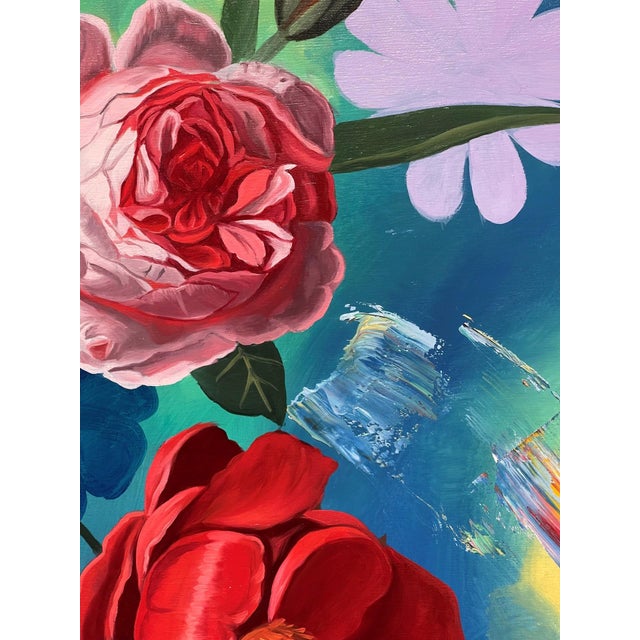 Flowers Floating in Chromatic Clouds by Robin Hextrum | Oil on Panel Bouquet of colorful flowers For Sale - Image 4 of 4
