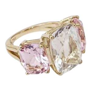 Christina Addison Rock Crystal and Pink Topaz Yellow Gold Three-Stone Cushion Ring