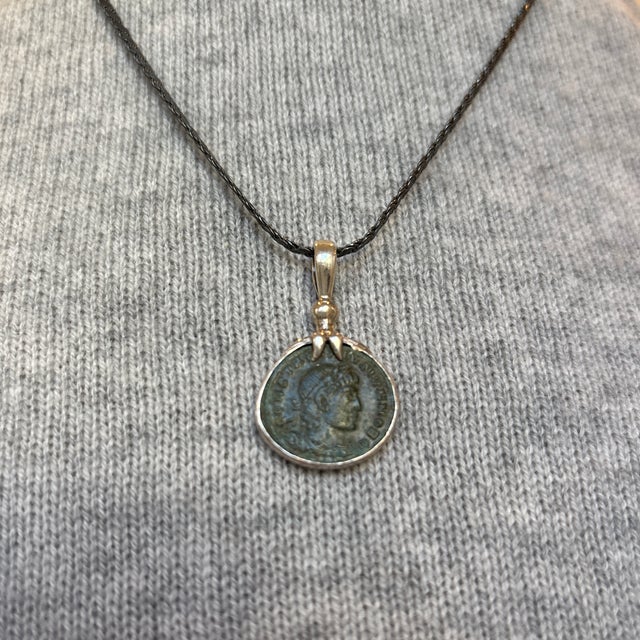 15th Century & Earlier Antique Roman Coin Pendant W Delicate Silver Leaves at Bale For Sale - Image 5 of 10