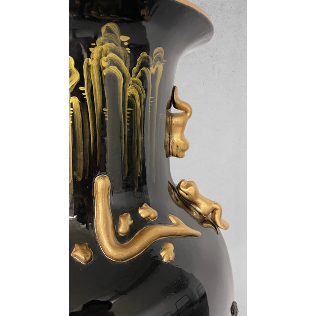 Printmaking Materials Pair of Monumental Chinoiserie Black & Gilt Figural Floor Vases, 36” For Sale - Image 7 of 8