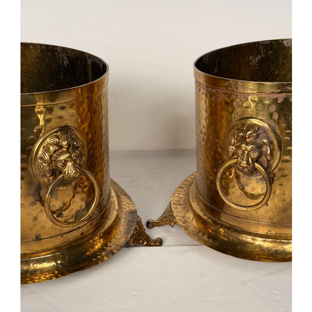 1950s Handmade Hammered Brass Lion Head Handles & Decorative Feet Cachepots - A Pair For Sale - Image 11 of 12