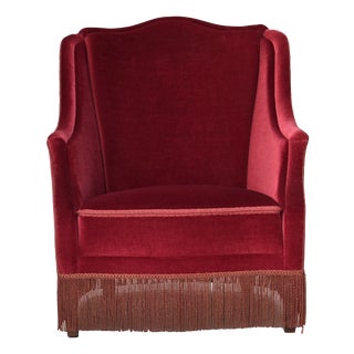 Danish Highback Armchair in Velour with Ash Legs, 1970s For Sale