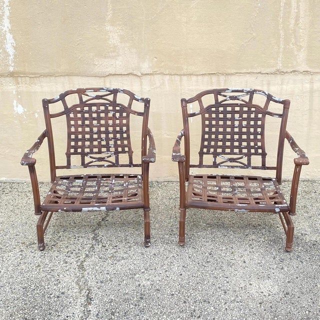 Vintage Hollywood Regency Style Cast Aluminum Basket Weave Lattice Patio Outdoor Rocking Lounge Chairs - a Pair. Item...