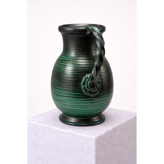 Large Art Deco Green Glazed Ceramic Twin-Handled Vase from Upsala Ekeby, Sweden, 1930s For Sale - Image 4 of 8