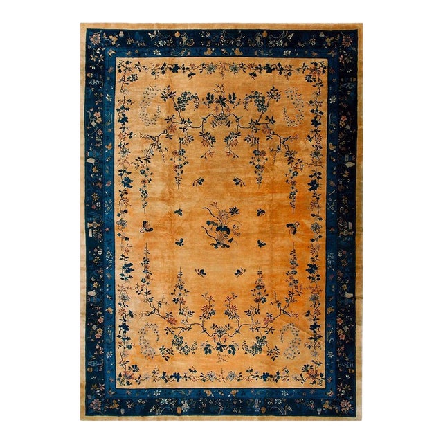 Vibrant Yellow Background Color With Lovely Floral Design Chinese Art Deco Rug For Sale