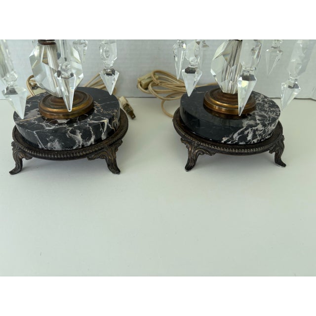 Pair of Vintage Crystal Prism Boudoir Lamps With Marble Bases and Etched Glass Shades For Sale - Image 12 of 12