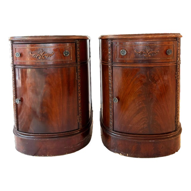 Antique Big Rapids Furniture Co. Mahogany Demilune Cabinets or Tables - A Pair For Sale