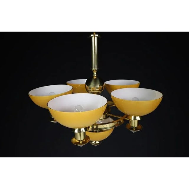 Sculptural Italian Chandelier in Brass & Amber-Gold Opaline Glass, 1970s For Sale - Image 9 of 18