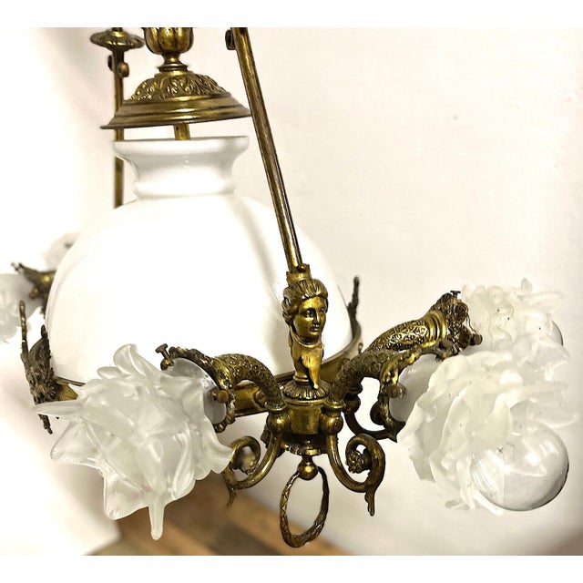 Metal Antique Brass and Glass 7-Light Chandelier from H. Luppens Bruxelles, 1920s For Sale - Image 7 of 10