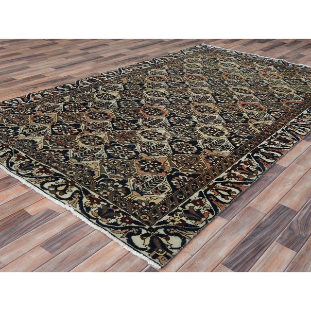 Textile 1960s Colorful, Hand Knotted Vintage Persian Bakhtiar With Repetitive Diamond Garden Design, Distressed Wool, Rug For Sale - Image 7 of 13