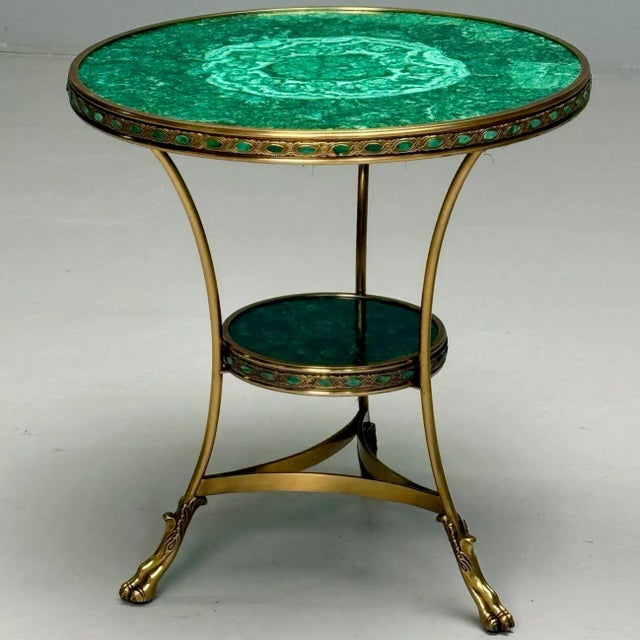 Green Louis XVI Style, Jeweled Gueridons, Malachite, Bronze, France, 20th C. For Sale - Image 8 of 11