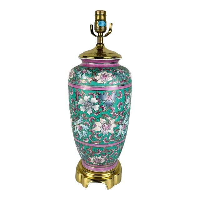 Vintage Asian Turquoise Floral Chinoiserie Hand Painted Ceramic Table Lamp For Sale