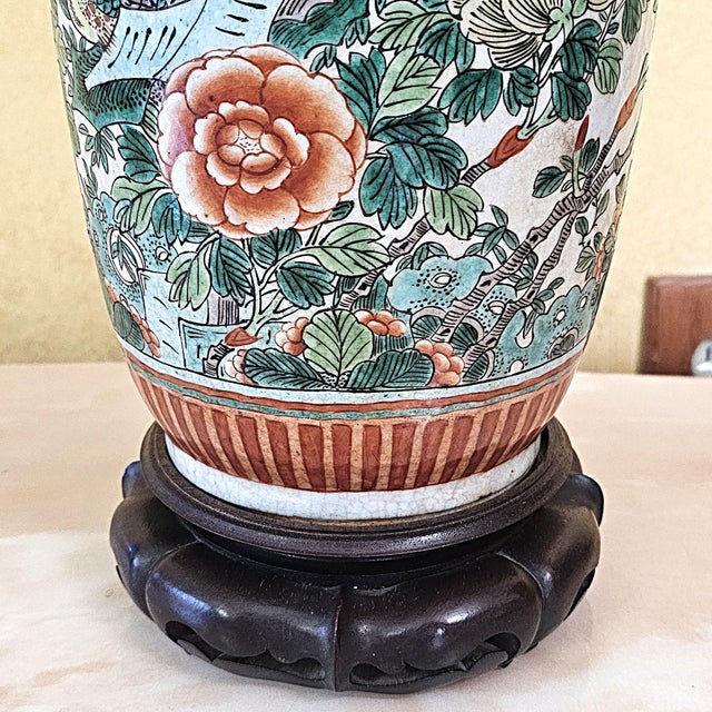 Vintage Chinese Famille Verte Style Porcelain Table Lamp With Hand Painted Birds & Peonies For Sale - Image 9 of 18