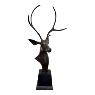 Vintage Bronze Stylized Deer Bust Statue For Sale