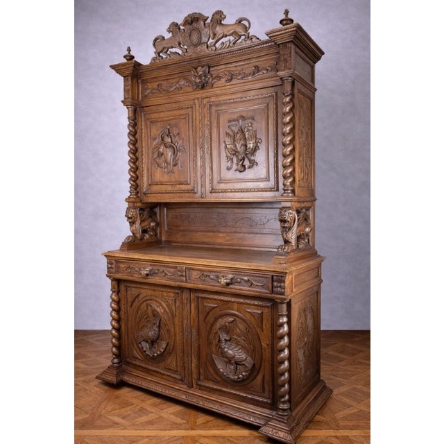 Important Two-Piece Carved Buffet – Solid Oak – A Statement Piece – Renaissance Style Magnificent antique buffet in solid...