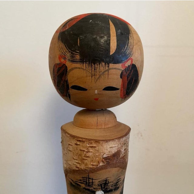 Red Vintage Japanese Handmade Kokeshi Doll with Tree Bark For Sale - Image 8 of 14