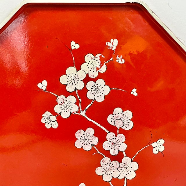 Plastic Mid-Century Boho Chic Octagonal Shaped Plastic Serving Tray With Cherry Blossom Design For Sale - Image 7 of 14