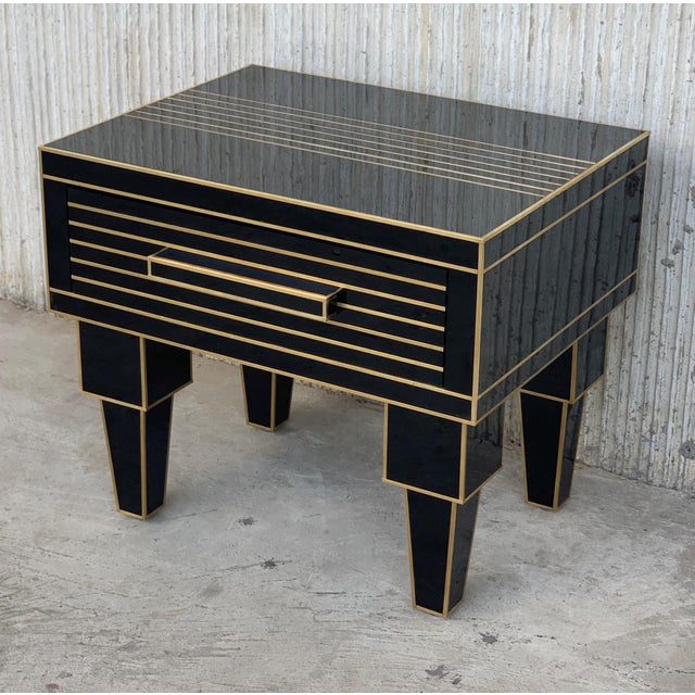 New Pair Of Mirrored Low Nightstand In Black Mirror And Chrome With Drawer Chairish