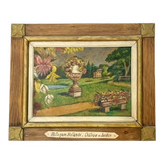 Antique French Chateau and Garden Landscape Painting Folk Art Frame Oil on Board For Sale