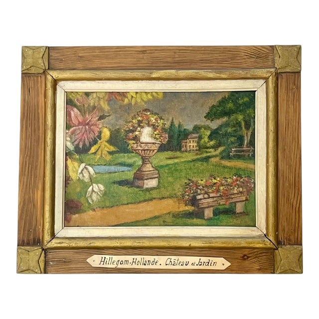 Antique French Chateau and Garden Landscape Painting Folk Art Frame Oil on Board For Sale