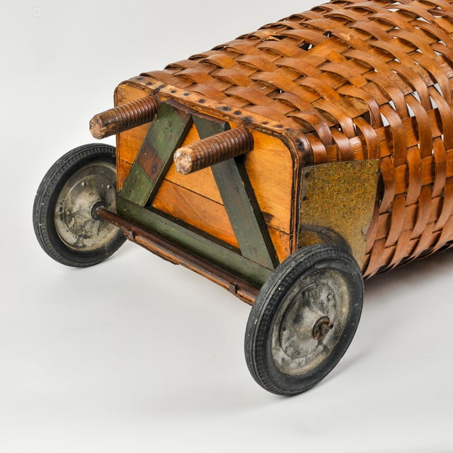 1950s Splint Wood Rolling Market Basket Cart For Sale - Image 13 of 16