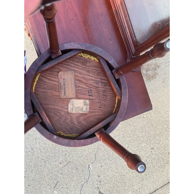 Mid Century Mahogany Chippendale/Georgian Style Vanity With Swinging Mirror and Round Upholstered Stool With Original Tags, 2 Pieces For Sale - Image 10 of 14