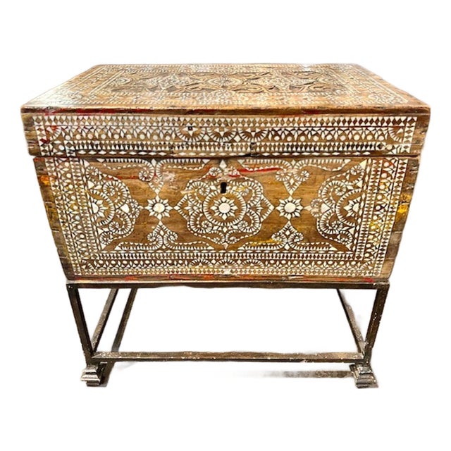 Antique Syrian Bone Inlaid Chest on Iron Base For Sale