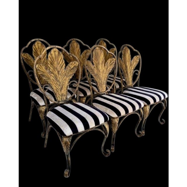 Brown Jordan 1990s Hollywood Regency Gold Gilt Metal Leaf Back Dining Chairs With Black & Cream Striped Upholstery - Set of 6 For Sale - Image 4 of 15