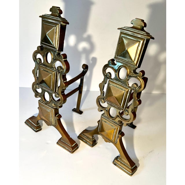 Pair Brass Geometric Andirons For Sale - Image 4 of 9