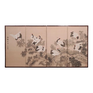 Japanese Style Showa Four-Panel Screen Cranes in Pine Trees For Sale