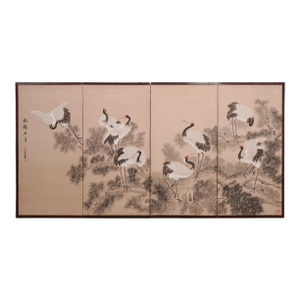 Japanese Style Showa Four-Panel Screen Cranes in Pine Trees