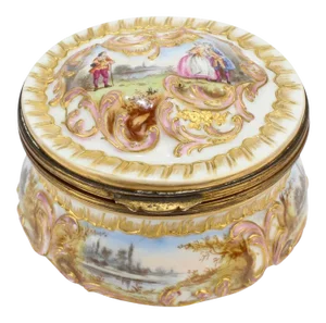 Antique Gilt Paris Porcelain Table Snuff Box or Round Casket by Bloch & Bourdois