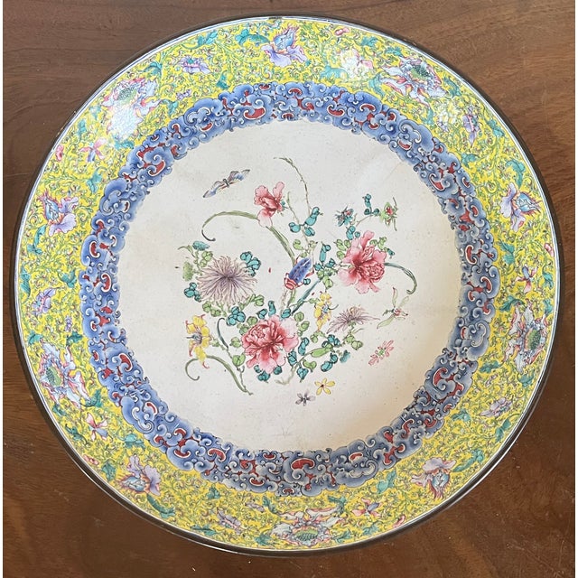 Chinoiserie Antique 18th C. Chinese Qianlong Period (1736 - 1795) Canton Dish Painted Enamel on Copper With Flowers, Cricket and Bat For Sale - Image 3 of 13