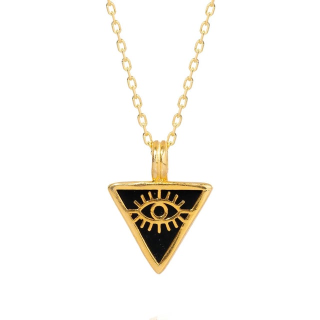 Contemporary Black Onyx & Gold Triangle Pendant Evil Eye Talisman Necklace For Sale - Image 3 of 8