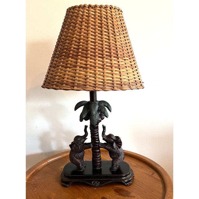 Vintage Tropical Elephant Palm Tree Table Lamp With Woven Rattan Shade For Sale - Image 4 of 9