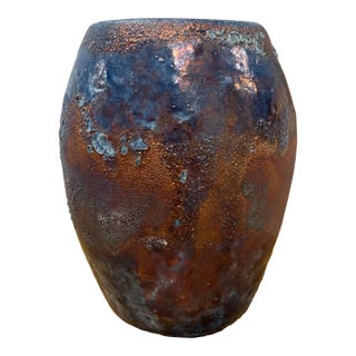 Mid 20th Century Textured Raku Copper Metallic Glazed Blue Ceramic Vessel For Sale