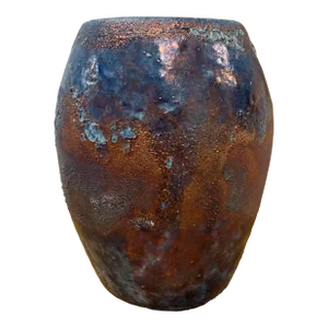 Mid 20th Century Textured Raku Copper Metallic Glazed Blue Ceramic Vessel