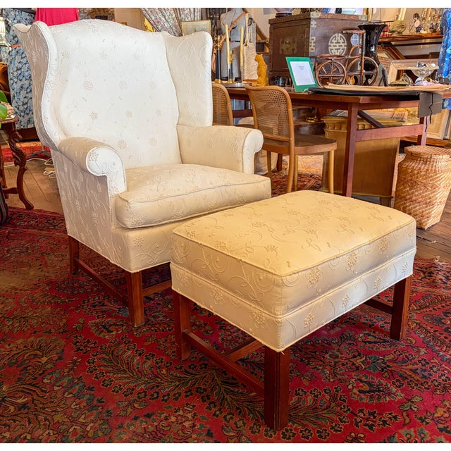 Hickory Furniture 1980s Hickory Chair Co White Wingback Chair With Tone-on-Tone Embroidery and Matching Ottoman For Sale - Image 4 of 11