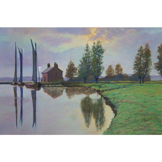 1990s 1995 Vintage Realist Landscape Pastel Painting Sailboats Farm by Fleming For Sale - Image 5 of 13