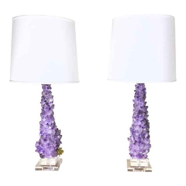 One of a Kind Pair of Original Amethyst Crystal Table Lamps by - Joseph Malekan For Sale
