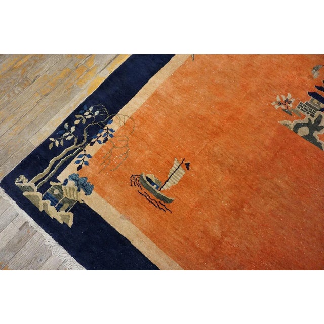 1920s Orange Medallion Scene Antique Chinese Art Deco Carpet 6 'X 8'6" Knotted Wool Rug For Sale - Image 10 of 15