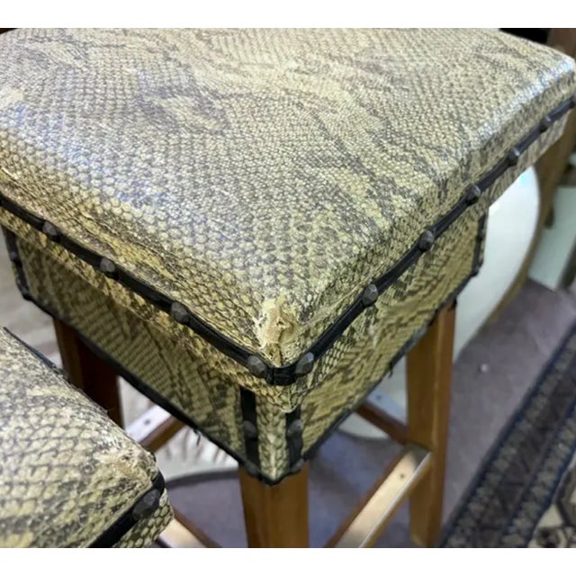 Mid Century Faux Snakeskin Upholstered Wood Stools - Signed and Dated 1971 For Sale - Image 12 of 15