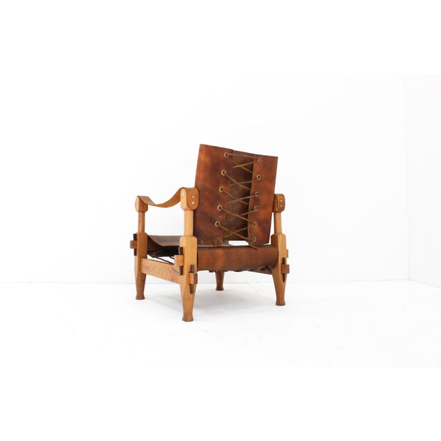 Wood Vintage Brutalist Safari Armchair in Wood and Cognac Leather, 1960s For Sale - Image 7 of 9