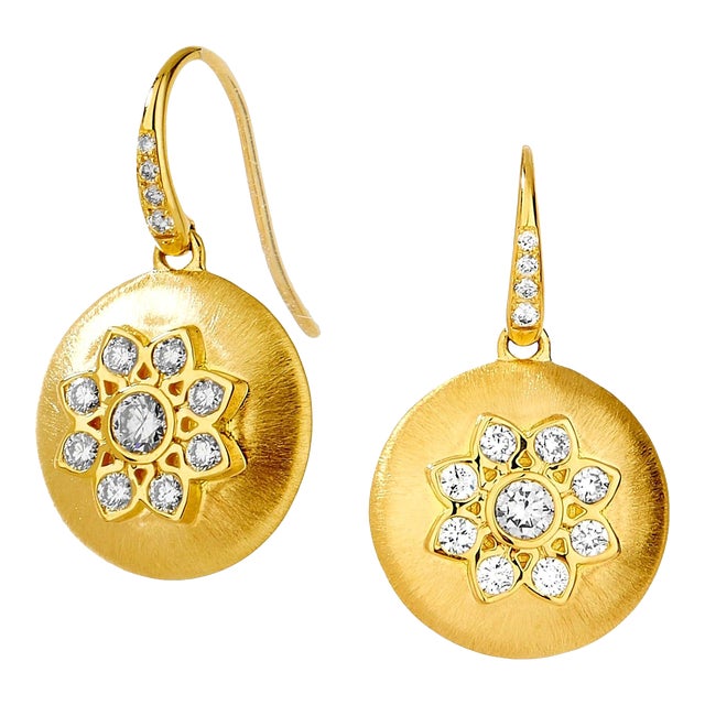 Syna Yellow Gold Flower Earrings with Diamonds, a Pair For Sale