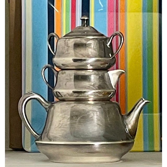 Mid-Century Modern Vintage Stacking Silver Plate Tea Service | Mid-Century Modern Streamline Teapot Set For Sale - Image 3 of 7