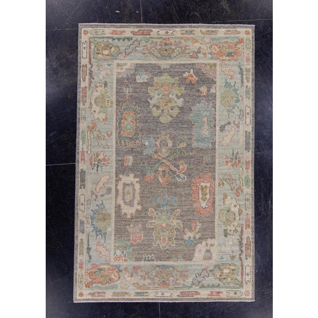 Textile Turkish Oushak Rug Gray Multi Color Hand Knotted Wool Rug 4' X 6'1" For Sale - Image 7 of 8