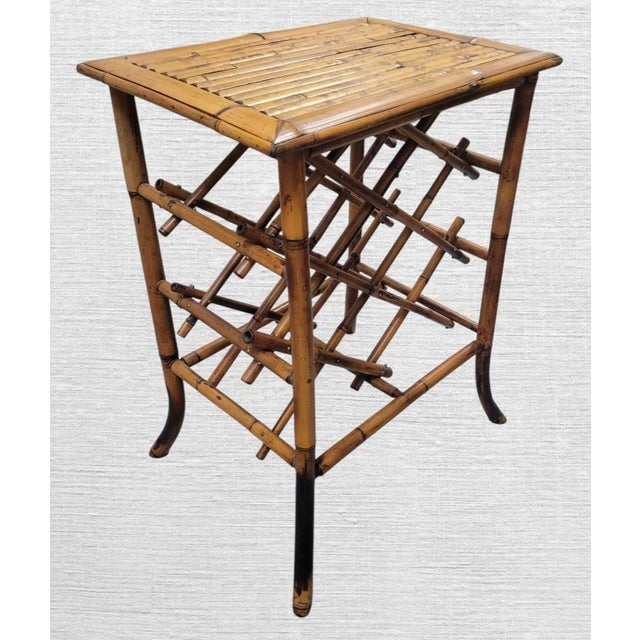 Traditional Vintage Burnt Bamboo 7 Bottle Wine Rack Holder Side Table For Sale - Image 3 of 7